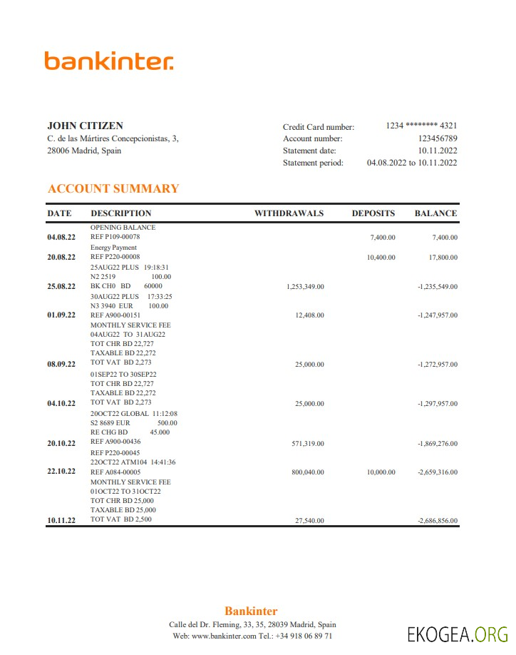 Relevé bancaire Espagne Bankinter xls